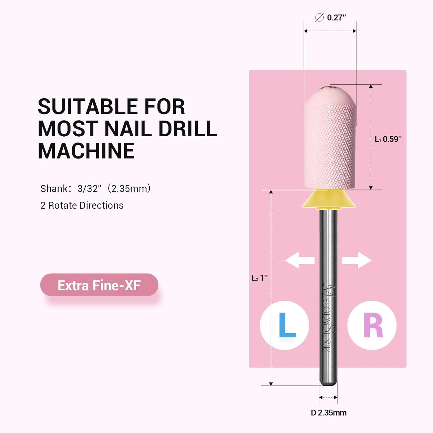 MelodySusie Ceramic Nail Drill Bit, 3/32'' Smooth Round Top Large Barrel Bits, Suitable for Manicure Pedicure Cuticle Gel Polishing, Beginners Bits, Pink, Series Bit-S, Extra Fine
