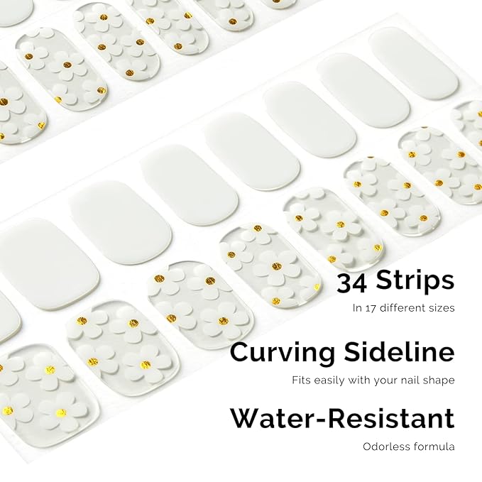 Nailog Semi Cured Gel Nail Strips 34 pcs | Long Lasting Nail Polish Sticker Wraps with Glossy Gel Finish | White Petals