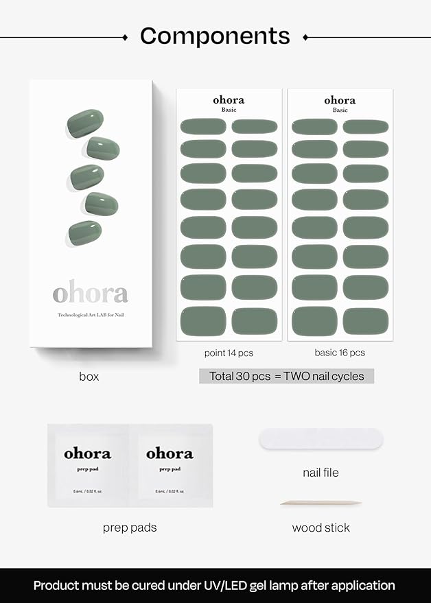 ohora Semi Cured Gel Nail Strips (N Cream Leaf) - Green, Solid, Works with Any UV/LED Lamps, Salon-Quality, Long Lasting, Easy to Apply & Remove - Includes 2 Prep Pads, Nail File & Wooden Stick