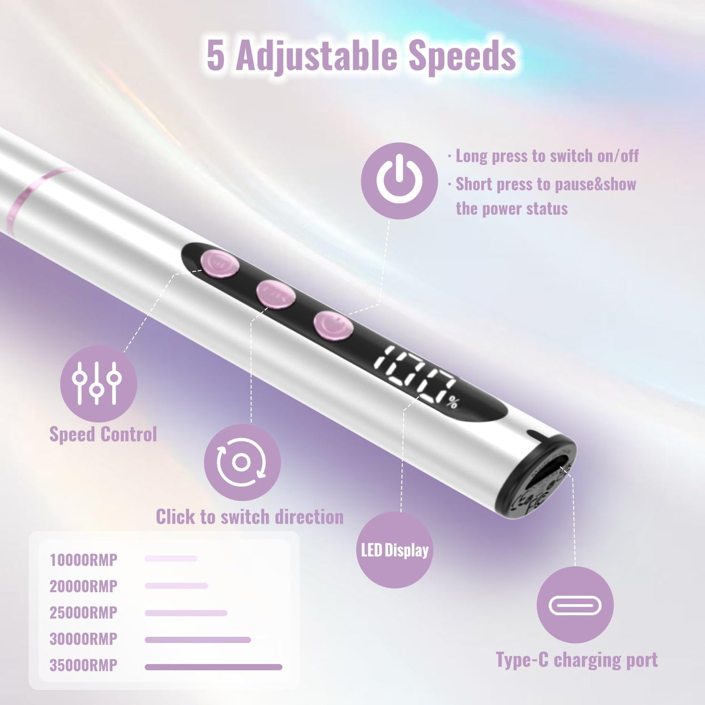 Electric Nail Drill Cordless, 35000RPM Portable Electric Nail File with LCD Display and 12 Nail Drill Bits for Acrylic & Gel Nails, Professional Manicure & Pedicure Kit Set Silver