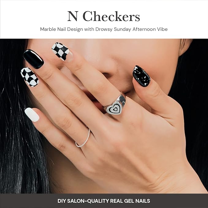 ohora Semi Cured Gel Nail Strips (N Checkers) - Dark, Patterned, Works with Any UV/LED Lamps, Salon-Quality, Long Lasting, Easy to Apply & Remove - Includes 2 Prep Pads, Nail File & Wooden Stick