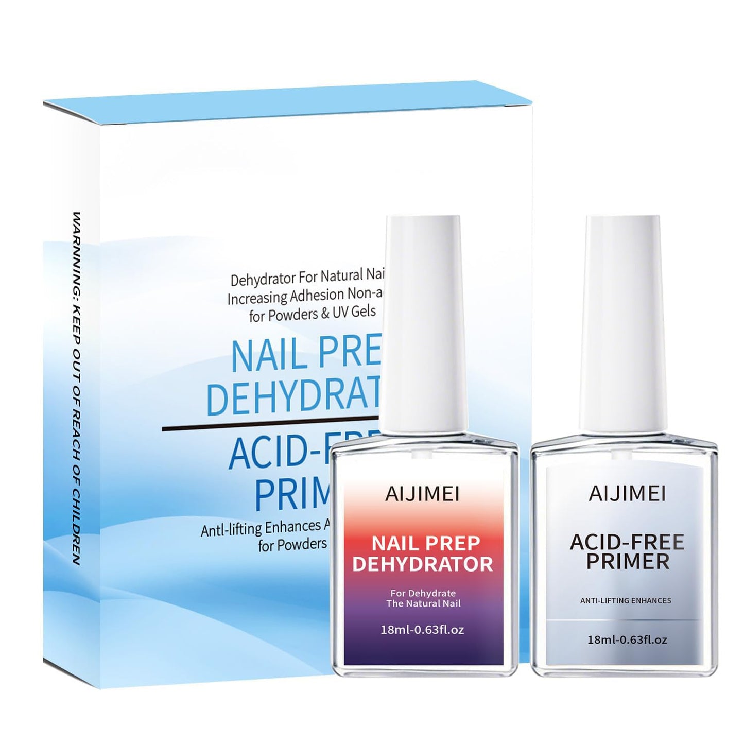 AIJIMEI Professional Natural Nail Prep Dehydrator and Acid Free Primer For Acrylic False Nail Tips Bond Base Coat Gel Nail Polish and Quick Drying Adhesive Dehydration Set（18ml/0.63fl.oz