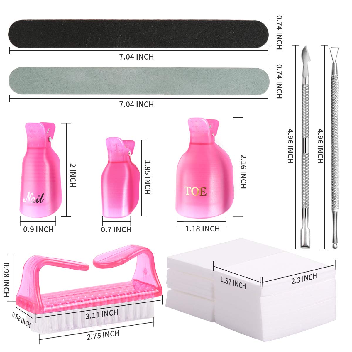 Teenitor Nail Polish Gel Remover Tool Kit With Soak Off Clips, Cuticle Pusher Peeler Scraper, Remove Pads, Files, Buffer Block, Pink Nail Brush