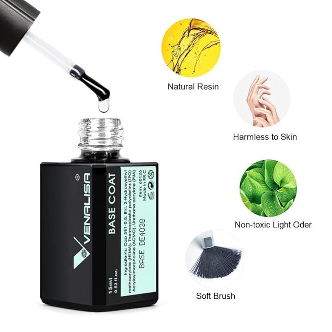 VENALISA 2 Pcs 15ml Gel Nail Ploish Base and Top Coat Set, No Wipe High Gloss Long Lasting Tempered Top Coat Polish Soak Off LED Gel Kit