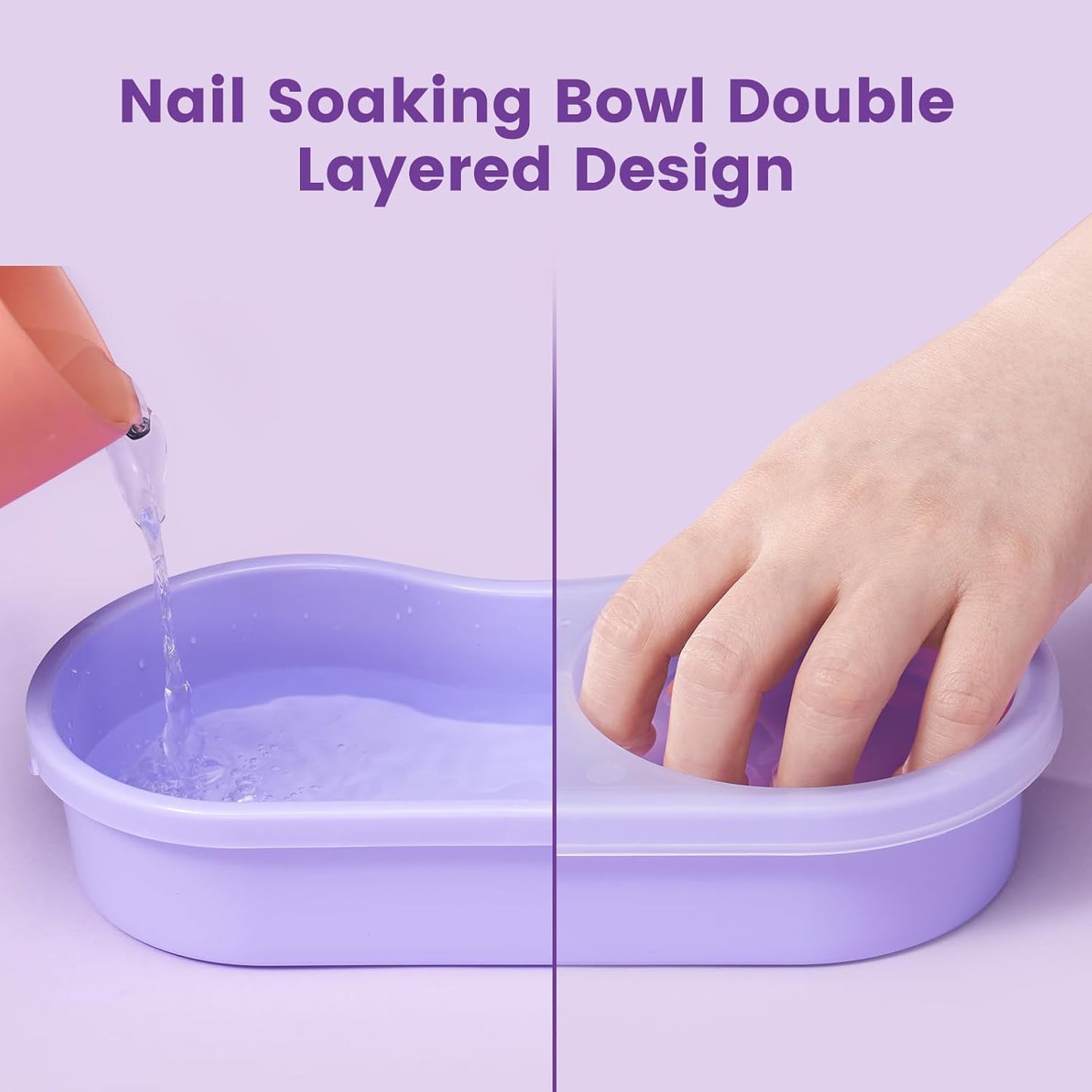 Quaferen Dual Nail Soaking Bowl: 3nd Generation 2-in-1 Manicure Bowl Acetone Proof for Women, Time-Saving Soak Off Gel Nail Polish Dip Powder Acrylic Removal Kit for Salon Home (Normal Size,Purple)