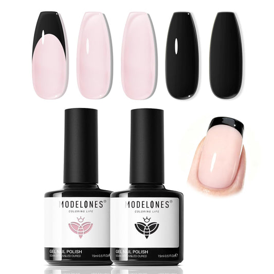 modelones French Tip Gel Nail Polish Set 2 Pcs 15ml Black and Milky Pink French Manicure Kit Sheer Pink Soak Off U V LED Jelly Base Color Gel Polish Nail Art Home DIY Gift for Women