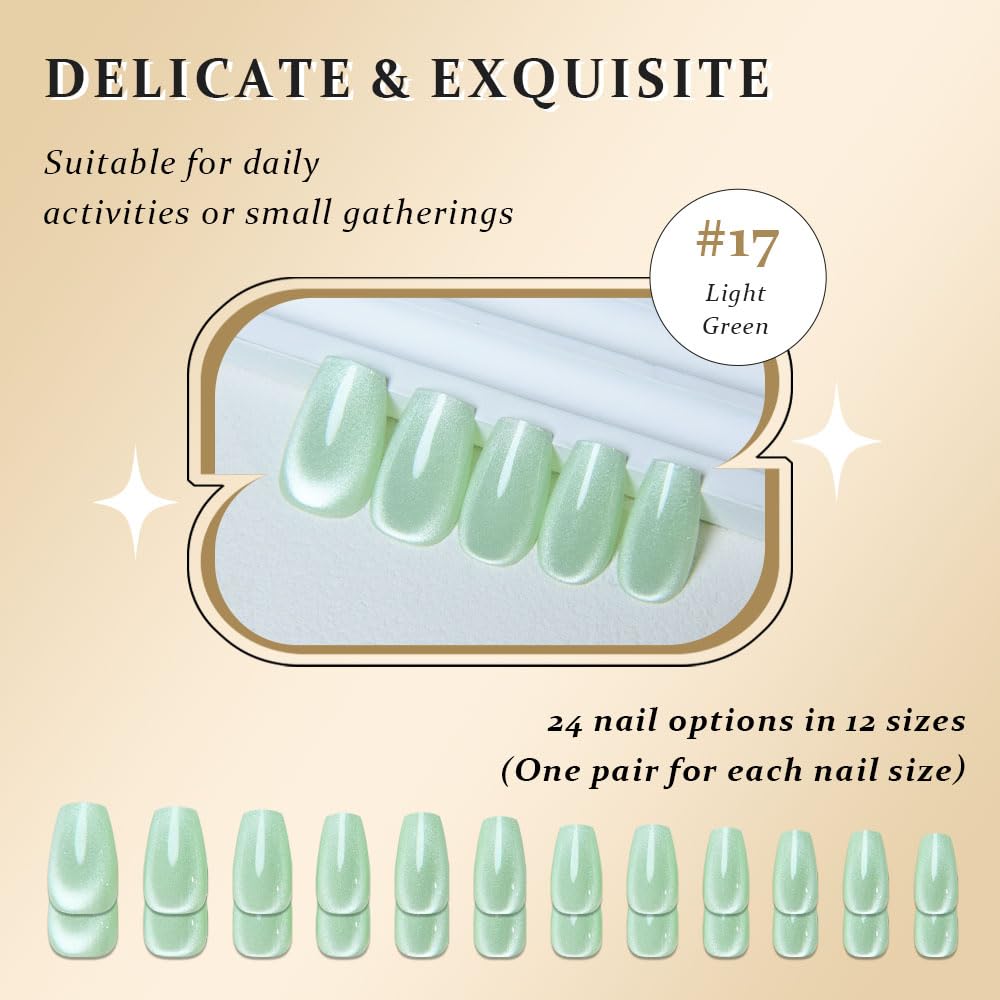 evpct Light Green Cat Eye Coffin Press on Nails Square Medium, Medium Square Glue on Nail for Women, Light Green Metallic Glitter Glossy Reusable Summer Soft Gel Press on Acrylic Fake Nail with Design
