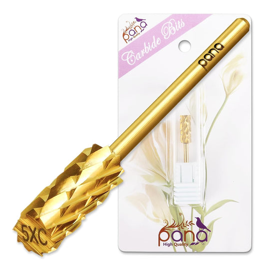 USA PANA Professional 3/32" Shank Size - Flat Top Small Barrel Carbide Bit - 5X Coarse Grit to Extra Fine Grit - Gold, Silver, DLC Black - Nail Drill Bit for Dremel Machine (5X Coarse, Gold)