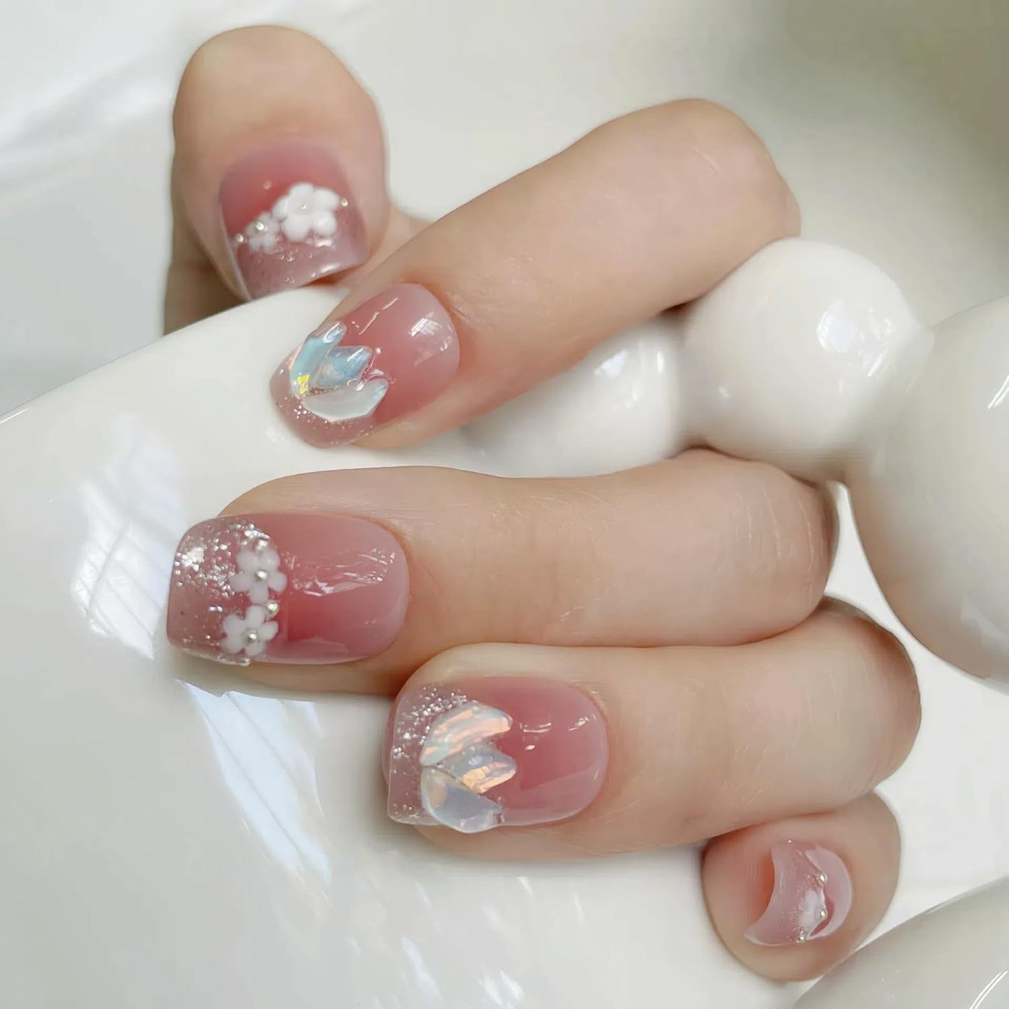 Tomato Red Short Squoval Press on Nails 30pcs with 3D Floral Design, Soft Fit Back, Durable Front Edge, Reusable Full Cover Fake Nails for Daily, Party, Wedding