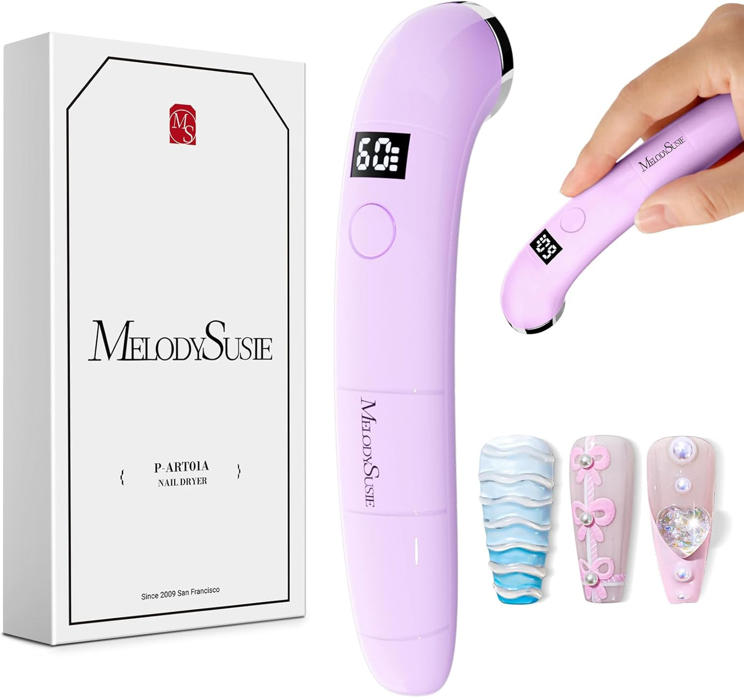 MelodySusie Handheld UV Light for Gel Nails, P-ART01A Cordless UV Nail Lamp with LCD Display& Ergonomic Design, Rechargeable LED Light Flash Cures Soft Gels, Rhinestone Glue & Liner Gel, Purple