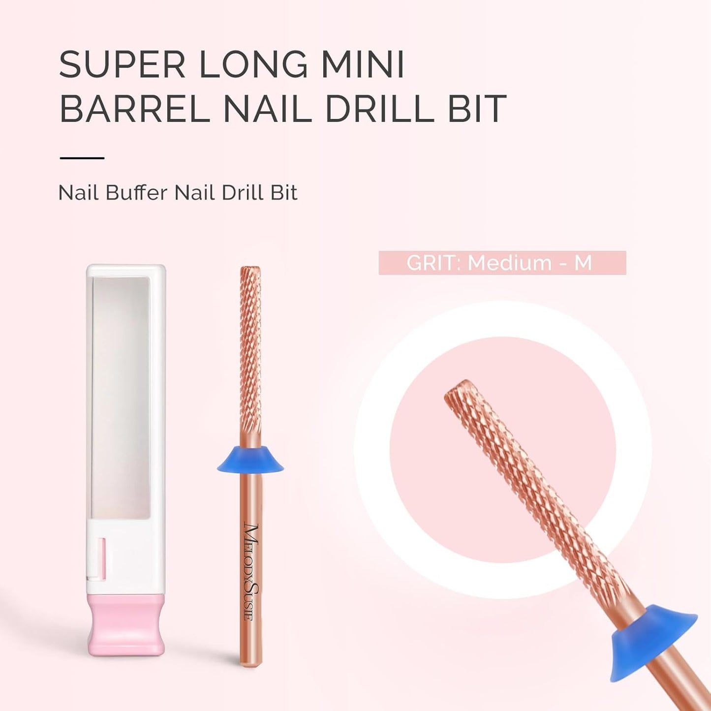 MelodySusie Super Long Mini Barrel Nail Buffer Bit, Professional Safety Carbide Nail Bit for Nail Bed File Cuticle Dead Skin Cleaning Nail Prepare, Two Way Rotate, Manicure Salon Supply, Rose Gold, M