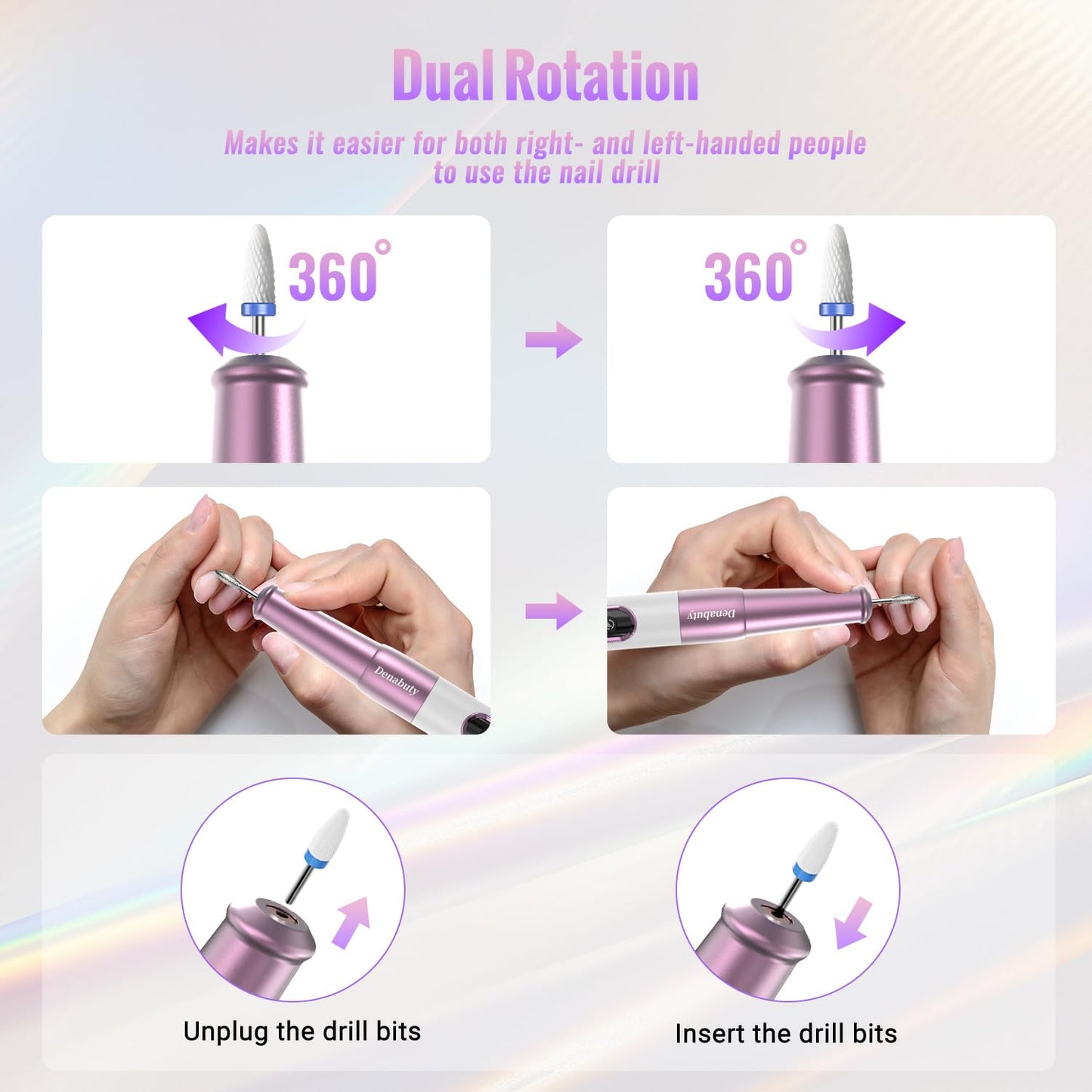 Nail Drill Cordless, Electric Nail File 12 in 1 with LED Display, Nail Drill Machine Professional Portable Rechargeable E File for Gel Acrylic Manicure Pedicure Set with 5 Speeds Purple