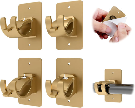 CIEMGNZOC 4PCS No Drill Curtain Rod Brackets, Gold Plastic, Self-Adhesive & Screw Mount, Holds Up To 20 Pounds, Suitable For Rods Up To 1.57 Inch Diameter