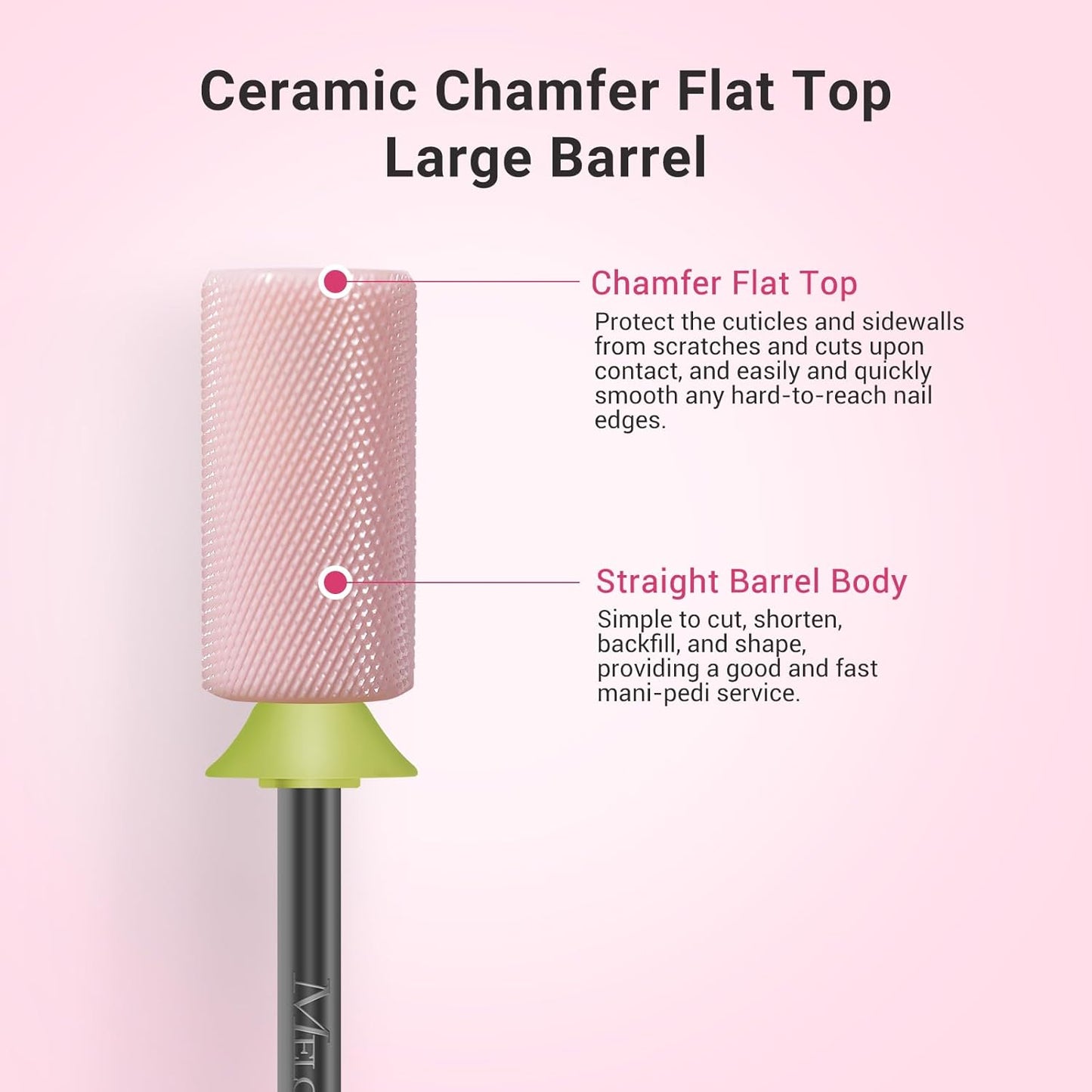 MelodySusie Ceramic Nail Drill Bits, 3/32'' Chamfer Flat Top Large Barrel Bits, Fast Remove Acrylic or Hard Gel, Nail Tool for Manicure Pedicure, Salon Home, Professional or Beginner, Pink, Extra Fine