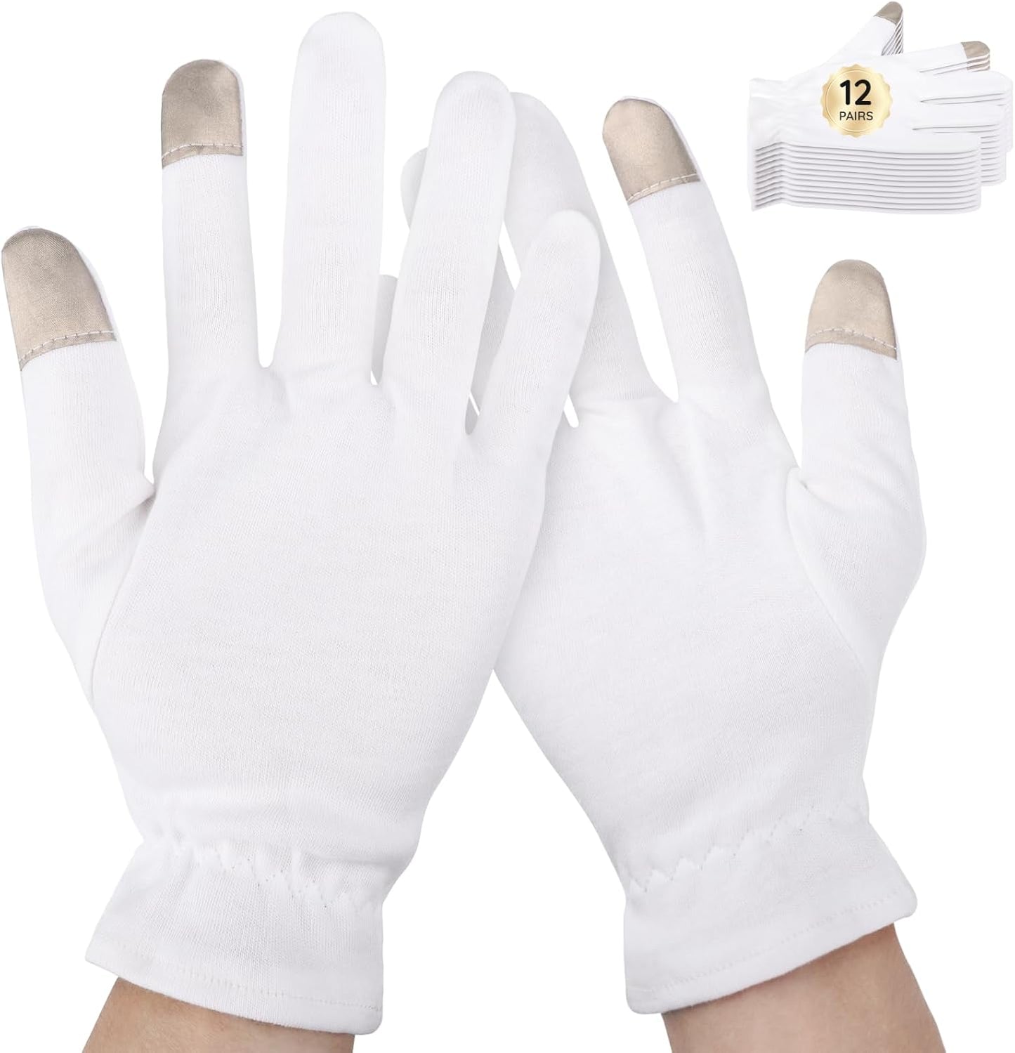 Segbeauty 24 Count White Cotton Gloves with Touchscreen Fingertips, 12 Pairs Moisturing White Gloves with Elastic Band for Dry Hands, Soft Thick Cotton Sleeping Gloves Overnight for Men & Women Large