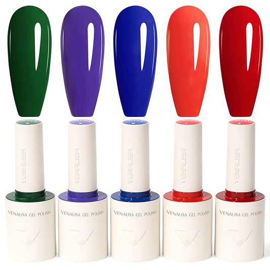 VENALISA 10 ML Gel Nail Polish Set with DIY Nail tips Kit, 5 Pcs Green Purple Blue Red Gel Polish Color High Gloss Soak Off U V Nail Manicure Salon DIY