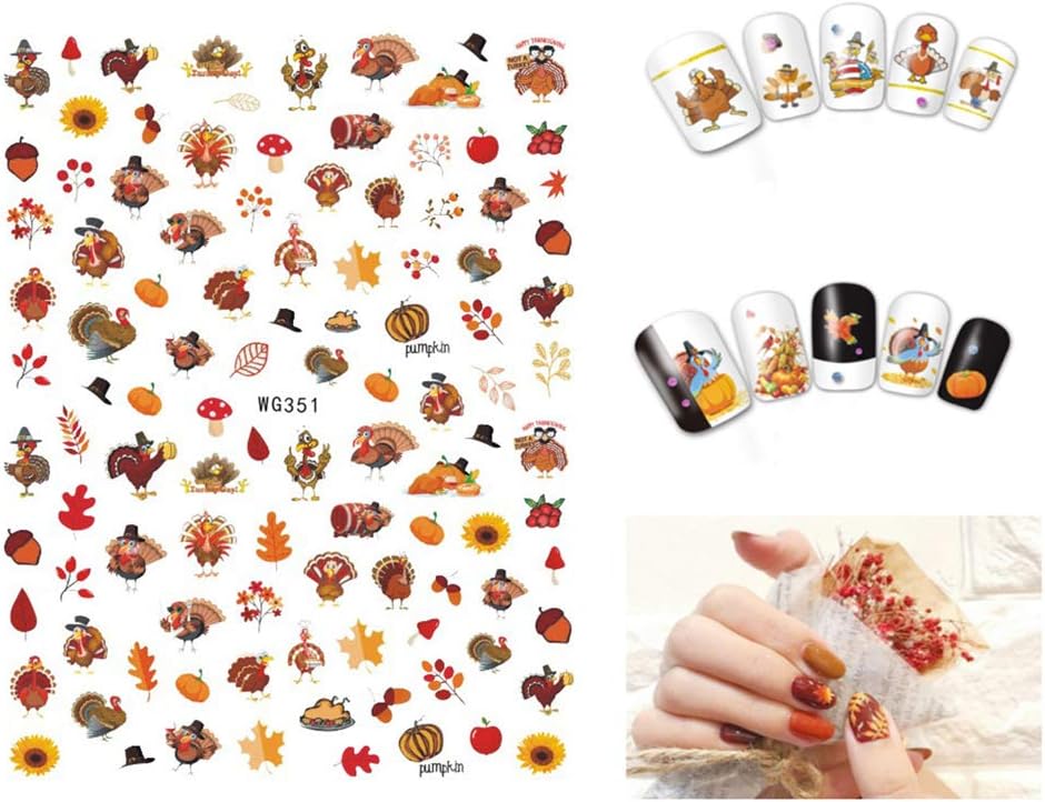 3D Thanksgiving Nail Art Stickers 6 Sheets Autumn Fall Nail Art Accessories Decals Self-Adhesive Maple Leaf Pumpkin Turkey Designs Sticker for Women Nail Arts DIY Nail Decorations Halloween Party