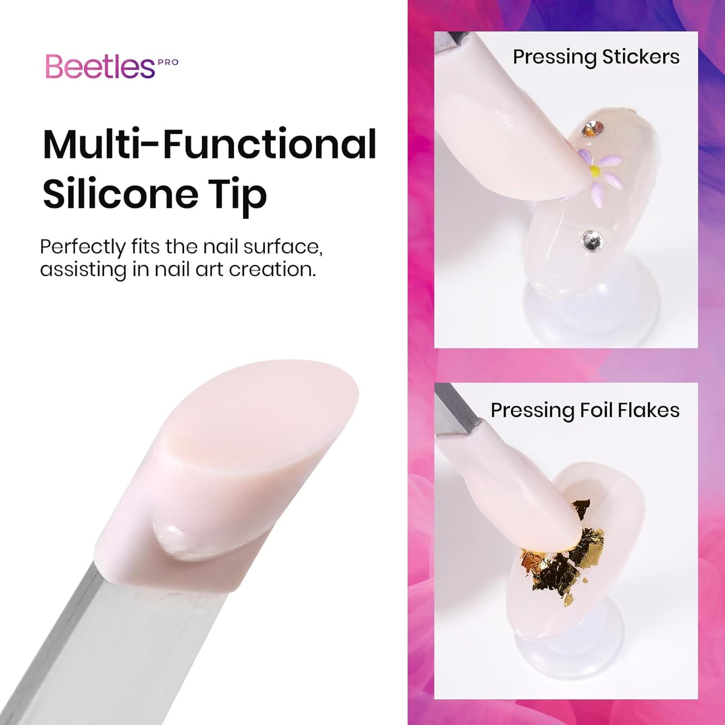 Beetles Professional Sticker Tweezers - Dual Ended Nail Art Tweezer, Curved Tip Pick Up Pearls Rhinestones, Silicone Tip Press Stickers Nail Art Tool Ultra Precision Stainless Steel Nippers