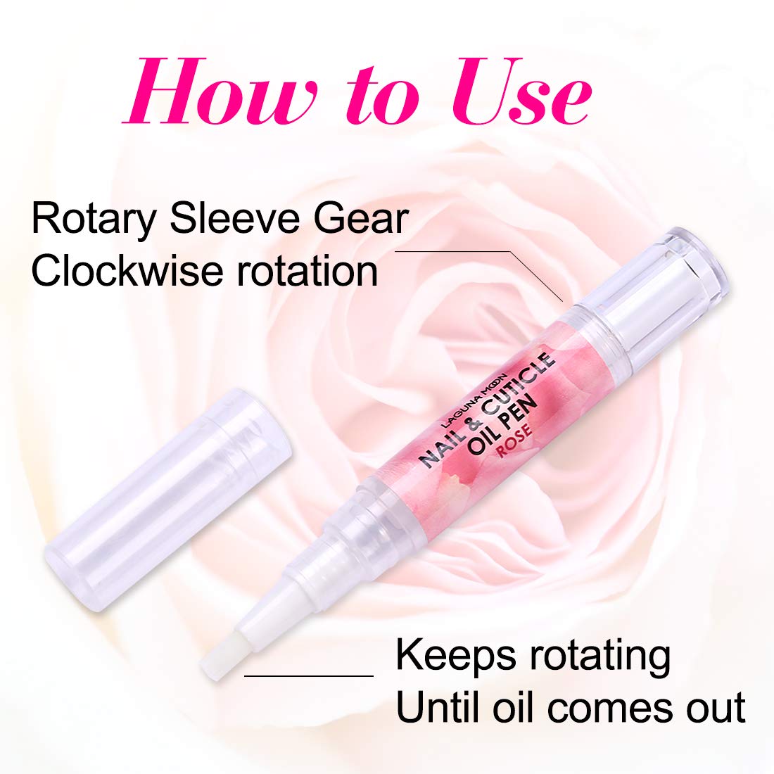 Cuticle Oil Pen for Nail - Lagunamoon Nail Oil for Nail Care & Nail Growth - Nourish, Soothe & Moisturize Damaged Nails - Rose, 5 ml