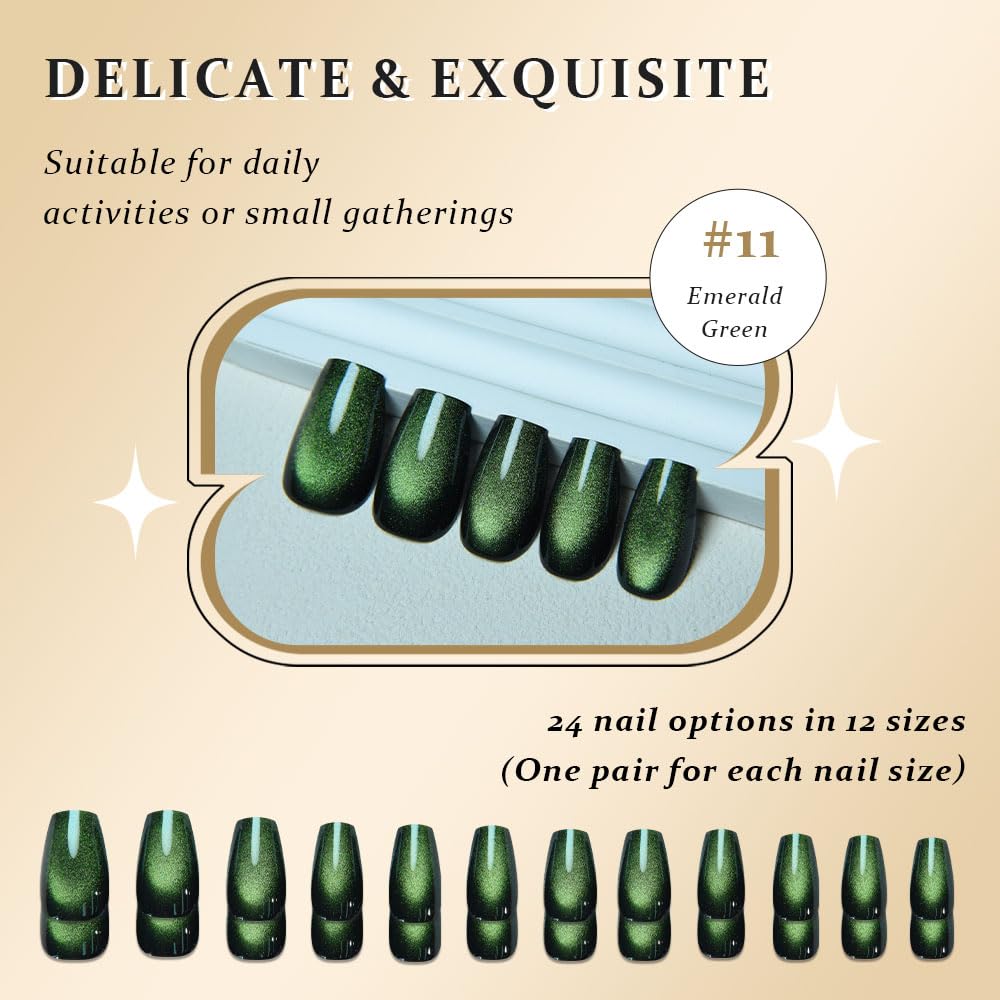 evpct Emerald Green Cat Eye Coffin Press on Nails Square Medium, Medium Square Glue on Nail for Women Gift, Green Metallic Glitter Glossy Reusable Soft Gel Press on Acrylic Fake Nail with Designs