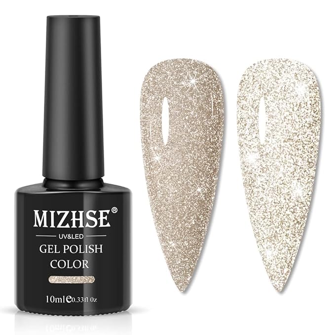 MIZHSE Reflective Glitter Gel Nail Polish, Light Gold Sparkly Shiny Gel Polish, Shimmer Nail Gel Soak Off Nail Art Manicure DIY at Home