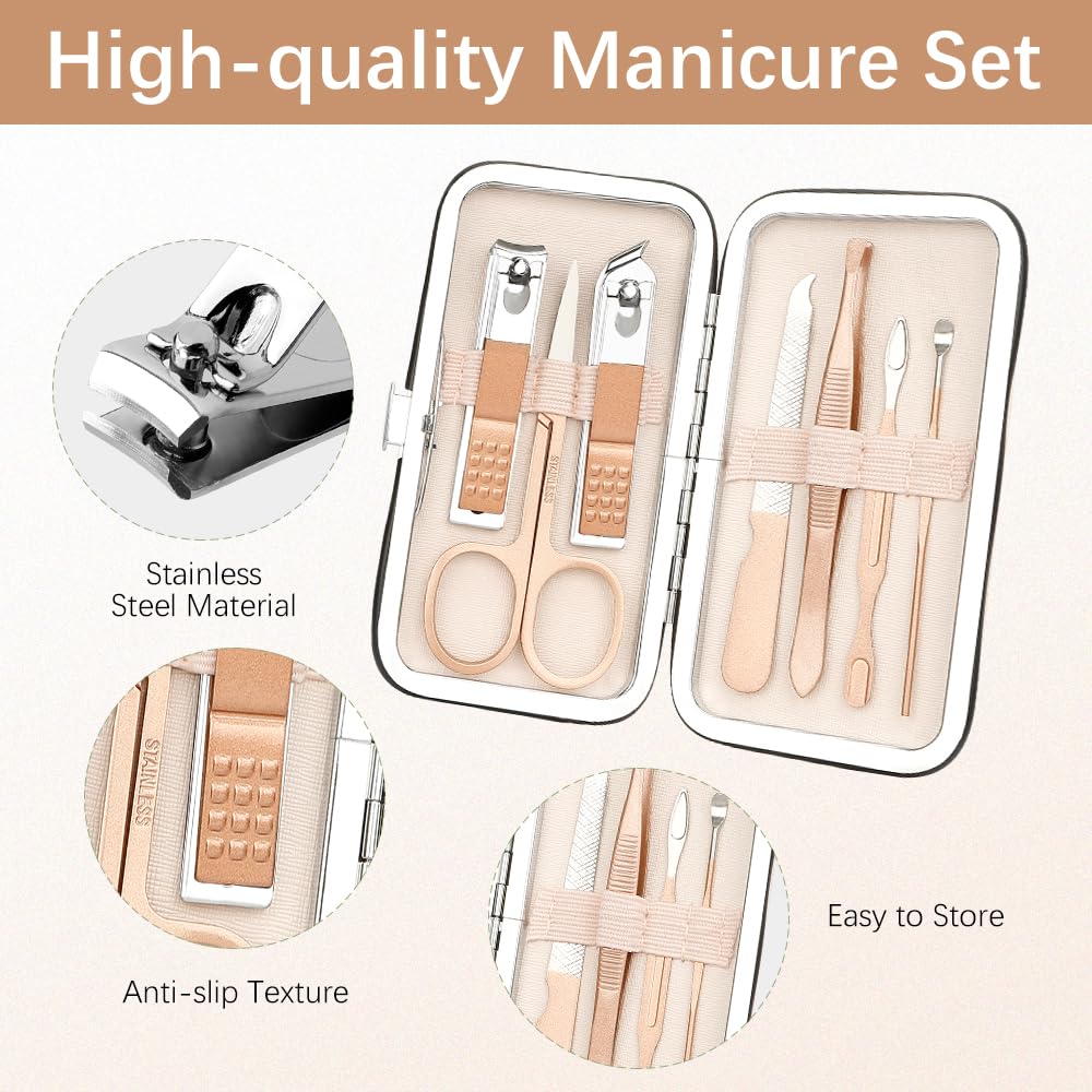 Manicure Set, Nail Clipper Set Stainless Steel Nail Clipper Kit 7 in 1 Manicure Kit Grooming Kit Nail Clippers Fingernail Toenail Clippers Pedicure Kit for Men Women Boyfriend Husband Travel Rose Gold