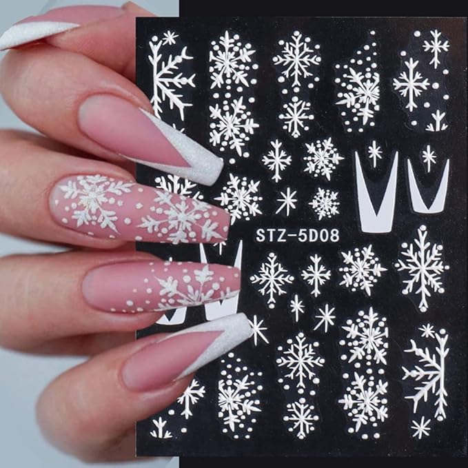 Snowflake Nail Art Sticker Decals Christmas 5D Embossed French White Snowflake Nail Art Accessories Self-adhesive Nail Art Supplies Decoration Snowflakes Lattice Elk Classic Autumn Winter Acrylic Nails Design, 8 Sheets (Snowflakes)