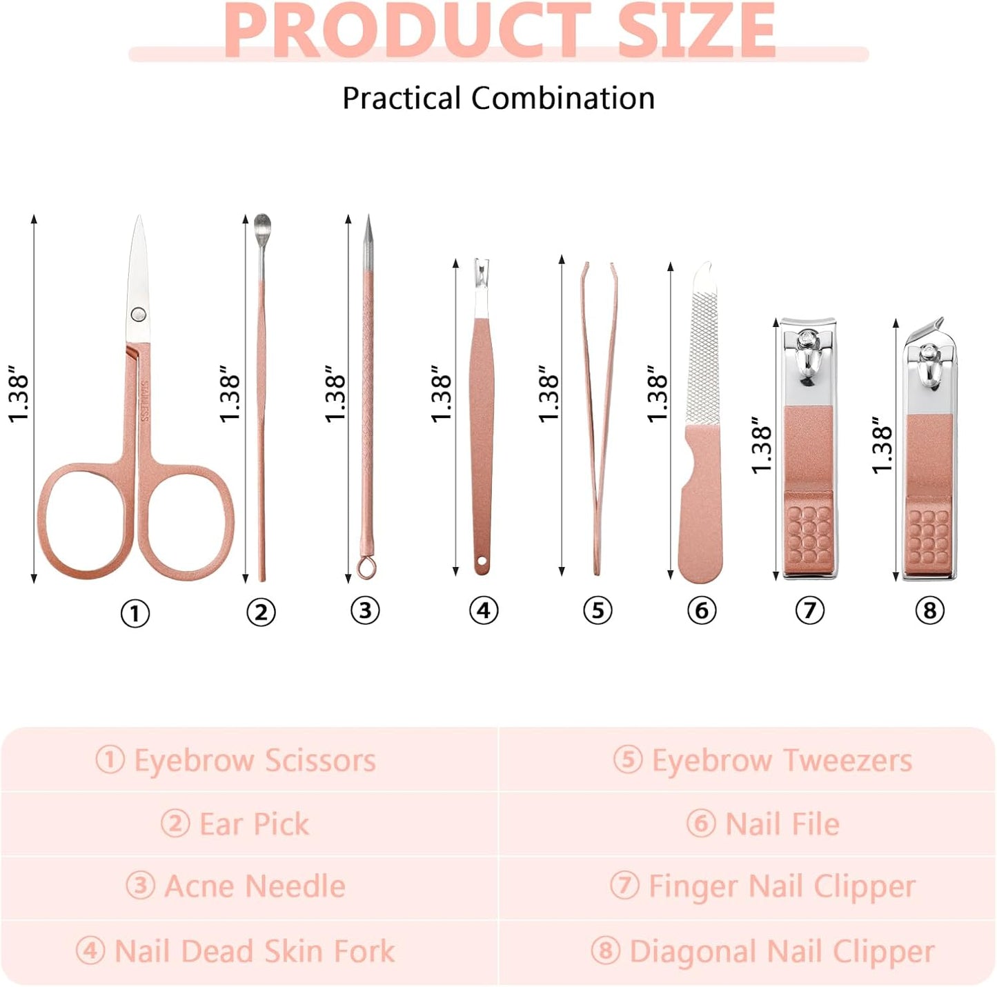 Lasnten 100 Bulk Nail Clipper Set Bulk Manicure Kit Stainless Steel Pedicure Professional Nail Care Kit with Travel Case Portable Grooming for Husband Men Women Family(Rose Gold,8 in 1)