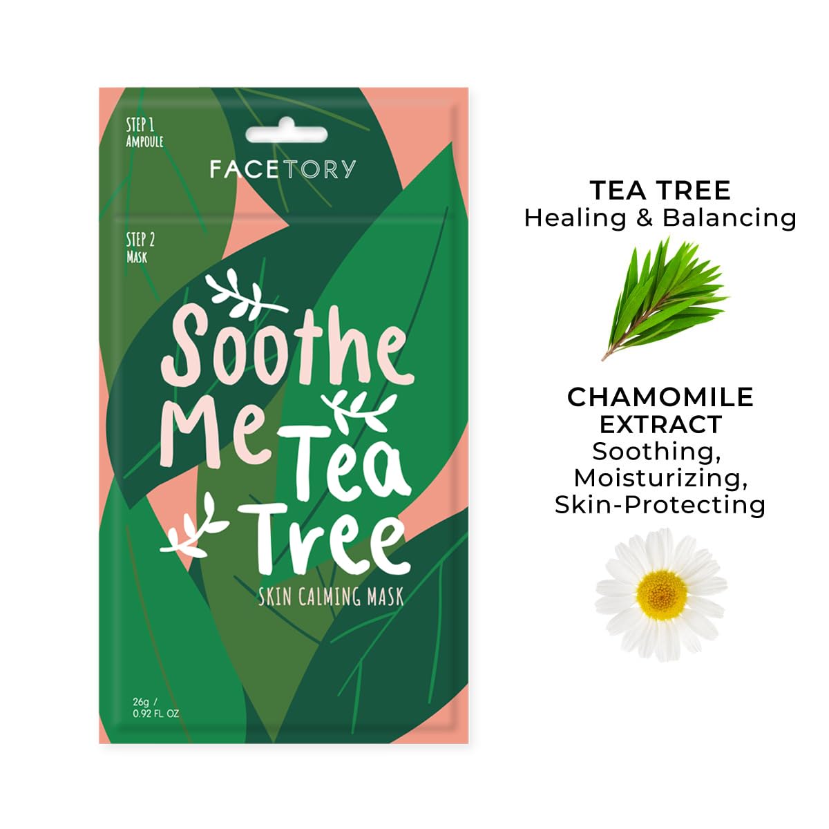FACETORY K Beauty Face Mask Skin Care - Soothe Me Tea Tree 2-Step Sheet Mask with Tea Tree Extract & Chamomile + Soothing Ampoule | Skin Calming, Acne Clearing (5 Pack)