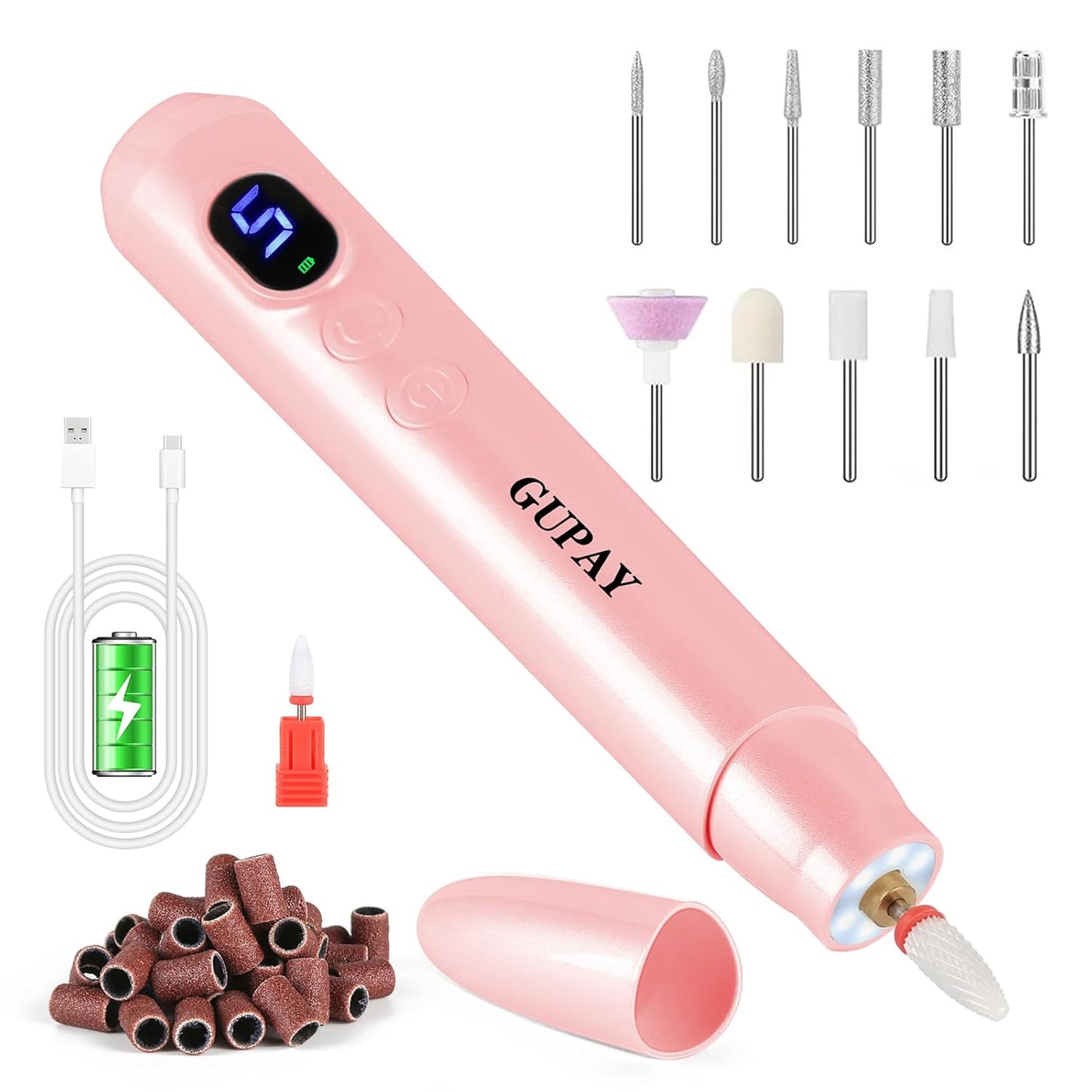 Electric Nail Files Cordless Rechargeable Nail Drill Machine for Natural Acrylic Gel Nails Professional Portable Efile Manicure Pedicure Kit for Girl Women Mum Home Use Beginners (Pink)