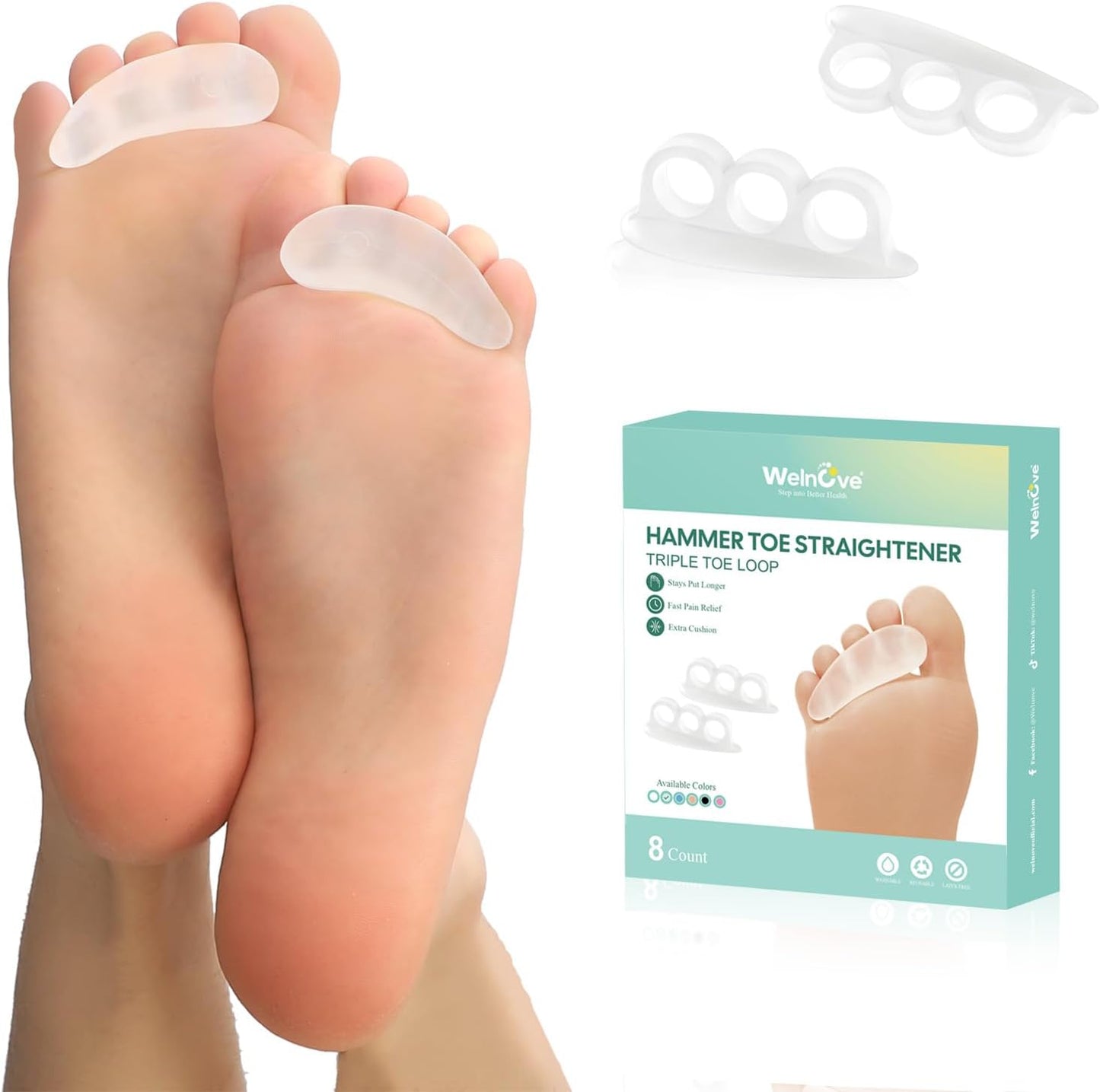 Welnove Hammer Toe Straightener Toe Corrector for Women - 8 Pcs Hammer Toe Cushion Pads for Bent, Crooked, Curled, Claw, and Hammer Toes - Soft Support and Realignment(Clear, 3 Loop Design)