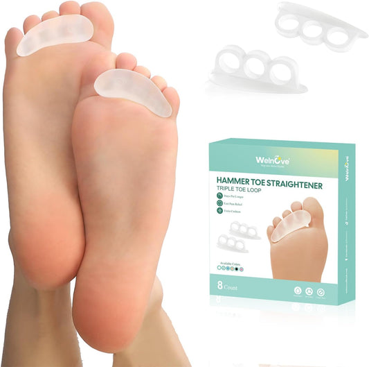 Welnove Hammer Toe Straightener Toe Corrector for Women - 8 Pcs Hammer Toe Cushion Pads for Bent, Crooked, Curled, Claw, and Hammer Toes - Soft Support and Realignment(Clear, 3 Loop Design)
