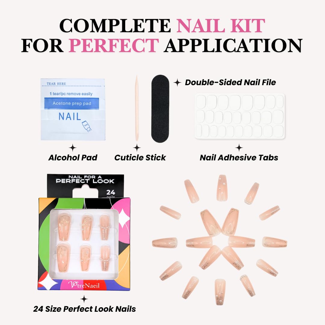 Perfect Look Press On Nails - Pearl Bloom | No Glue One-Day Nude Marble Coffin Fake Nails With Glitter & Butterfly Charms - 24 Pcs Nail Kit With Adhesive Tabs