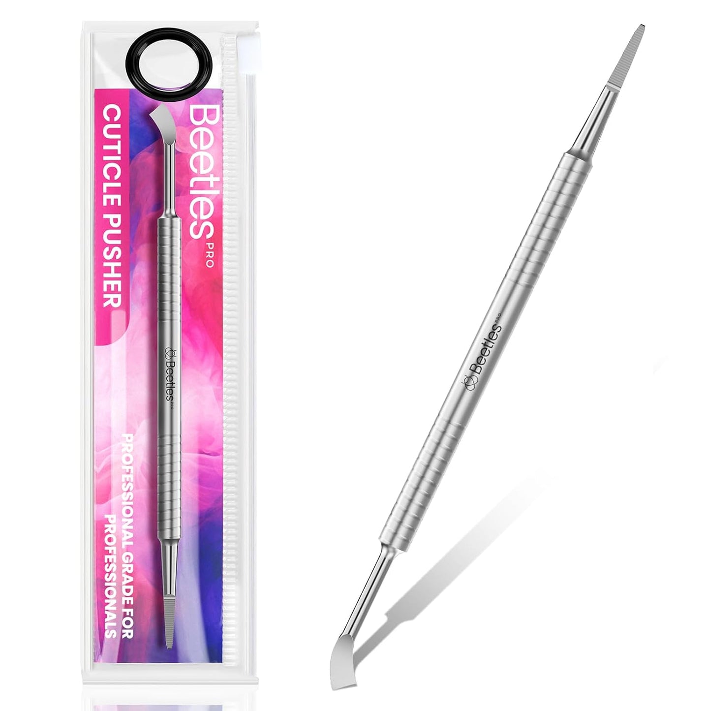 Beetles Dual-End Nail Pusher & Cuticle Cleaner - 14mm Serrated Edge & 5mm Curved Blade, Ergonomic Anti-Slip Handle, Professional Manicure Tool for Nail Care