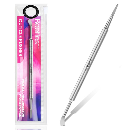Beetles Dual-End Nail Pusher & Cuticle Cleaner - 14mm Serrated Edge & 5mm Curved Blade, Ergonomic Anti-Slip Handle, Professional Manicure Tool for Nail Care