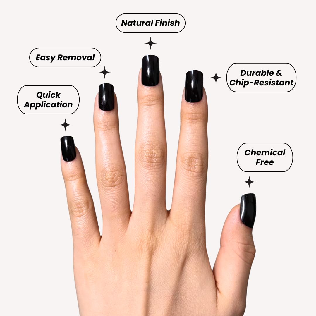 Perfect Look Press On Nails - Black Mirror | No Glue One-Day Short Square Nails, Glossy Jet Black Fake Nails with Gloss Finish - 24 Pcs Nail Kit with Adhesive Tabs