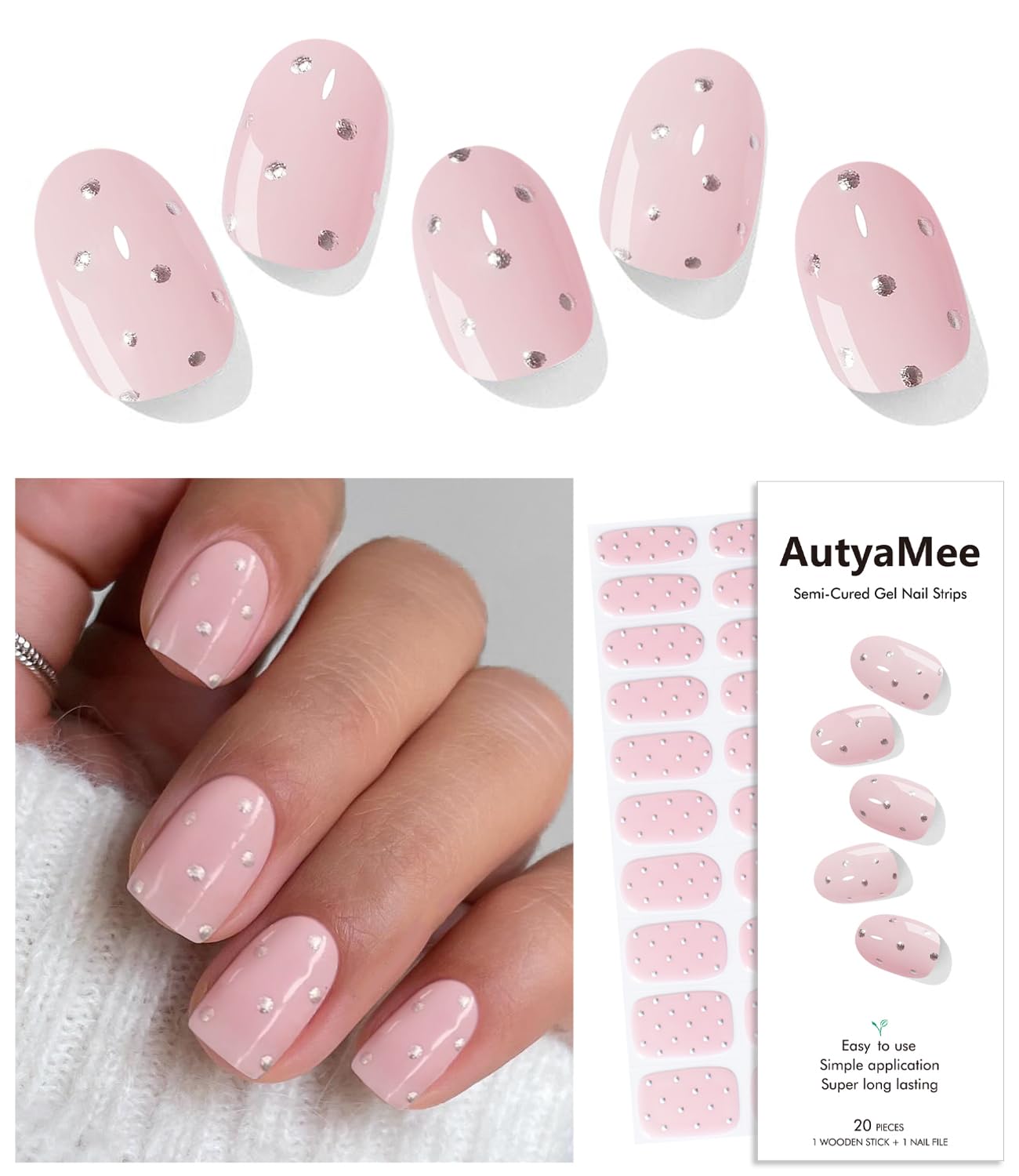 Semi Cured Gel Nail Strips (Pink Diamond), 20 Pcs Gel Nail Wraps, Stickers, UV Light Required, Salon Quality, Long Lasting