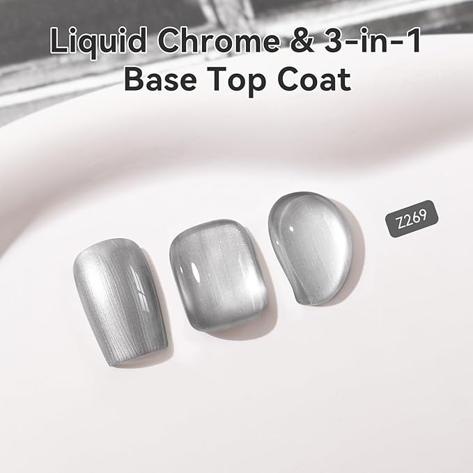 Metallic Silver Nail Polish with Base Top Coat, 3 IN 1 Nail Strengthener Quick Dry Clear Nail Polish Duo, Opaque, Non-Gel, Vegan, Liquid Silver Glossy Chrome Nails Art Gift for Women Girls