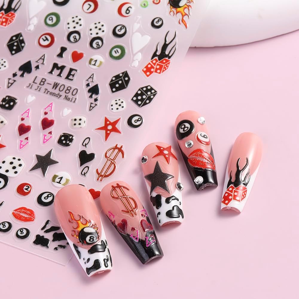 4 Sheets Pool & Dice Nail Art Stickers Decals, Cute Cartoon Style Dice Billiard Numbers Cherry Star Nail Art Design 5D Embossed Self-Adhesive Nail Decals Manicure Decorations for Women Girls