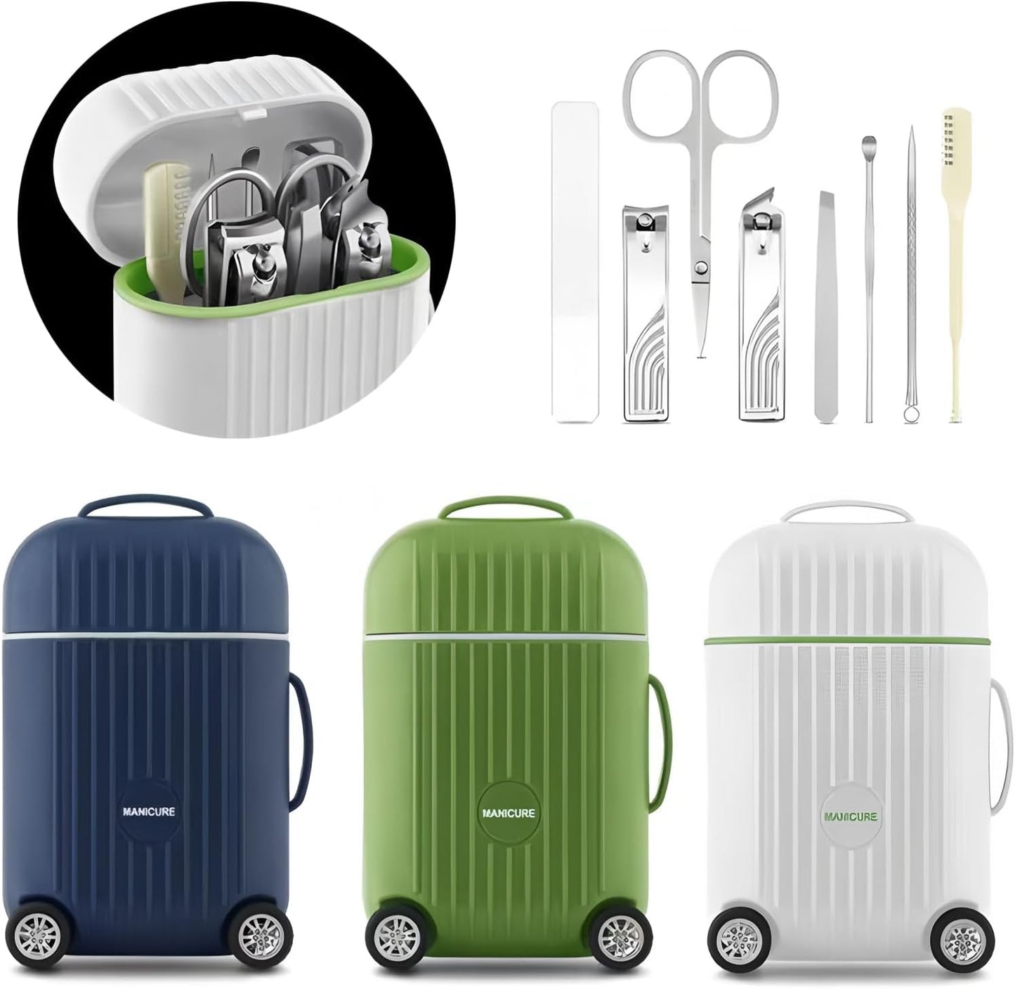 Travel Luggage Style Manicure Set, 6-in-1 Nail Care Kit with Stainless Steel Tools, Compact Design (White)