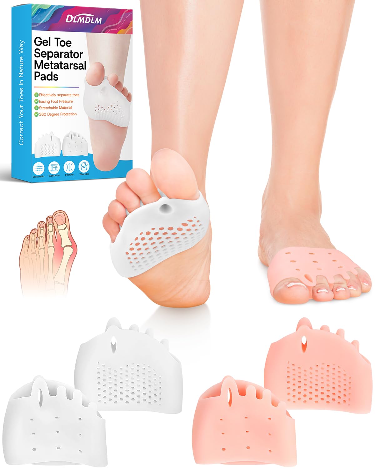 2 Pairs Silicone Toe Separators for Women and Men, Metatarsal Bunion Corrector Cushion, Soft And Breathable Toes Spacers for Foot Pain Relief (1*White+1*Skin)