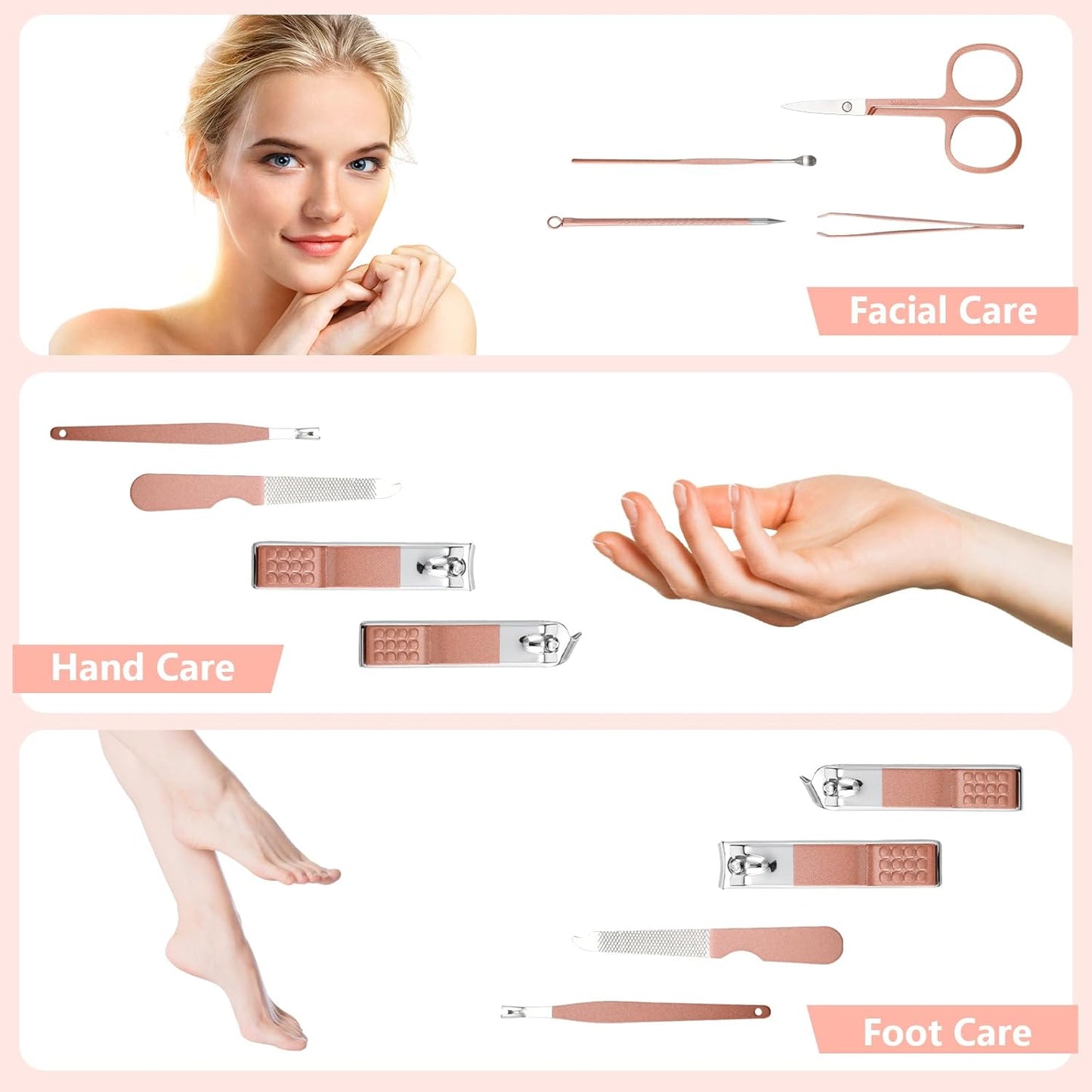 Lasnten 100 Bulk Nail Clipper Set Bulk Manicure Kit Stainless Steel Pedicure Professional Nail Care Kit with Travel Case Portable Grooming for Husband Men Women Family(Rose Gold,8 in 1)