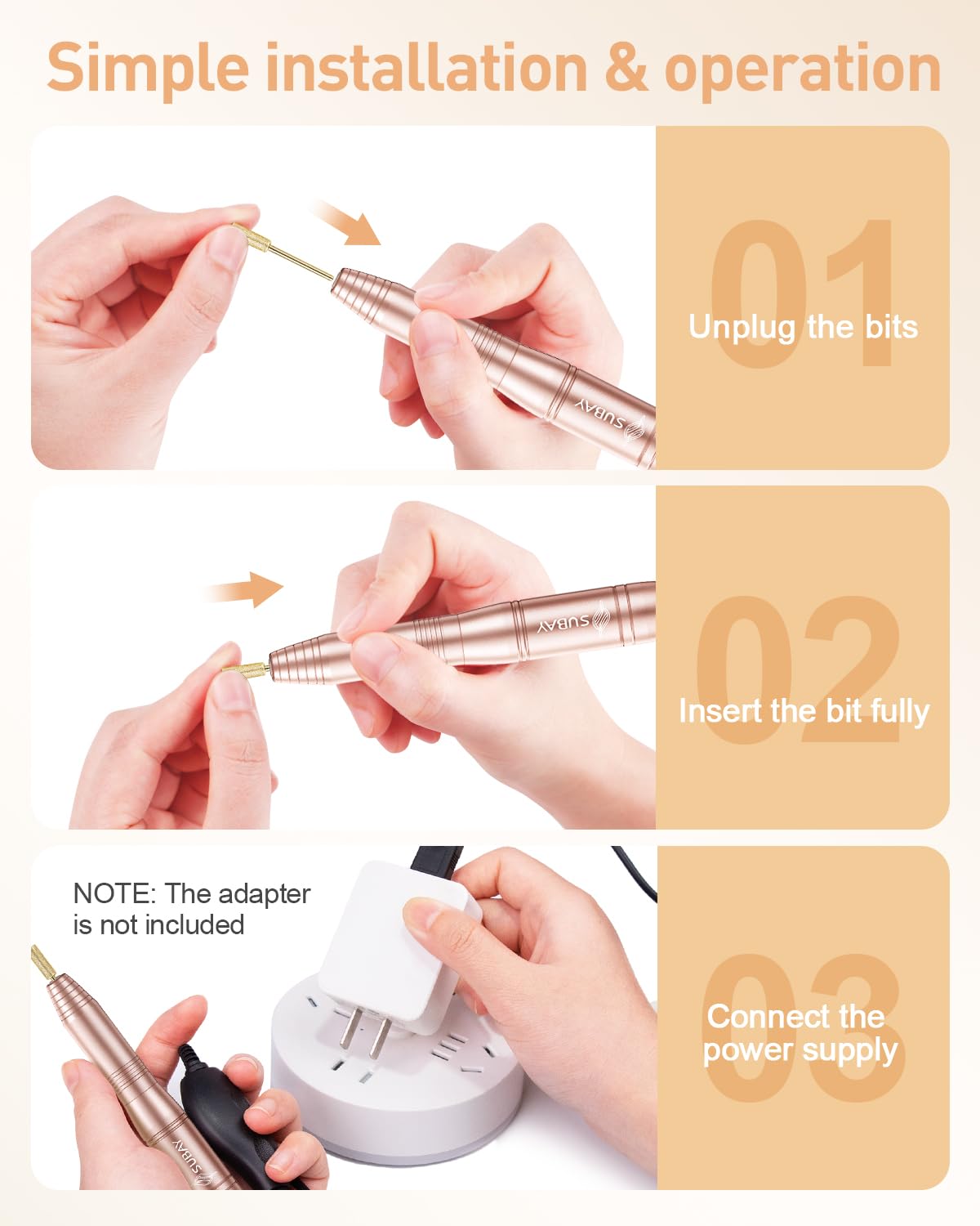 Subay Electric Nail File, Nail Drill Machine for Acrylic Gel Nails, Portable USB Nail Drill Kit Set with 6 Nail Drill Bits & 26 Sanding Bands for Home and Salon Use - Gold