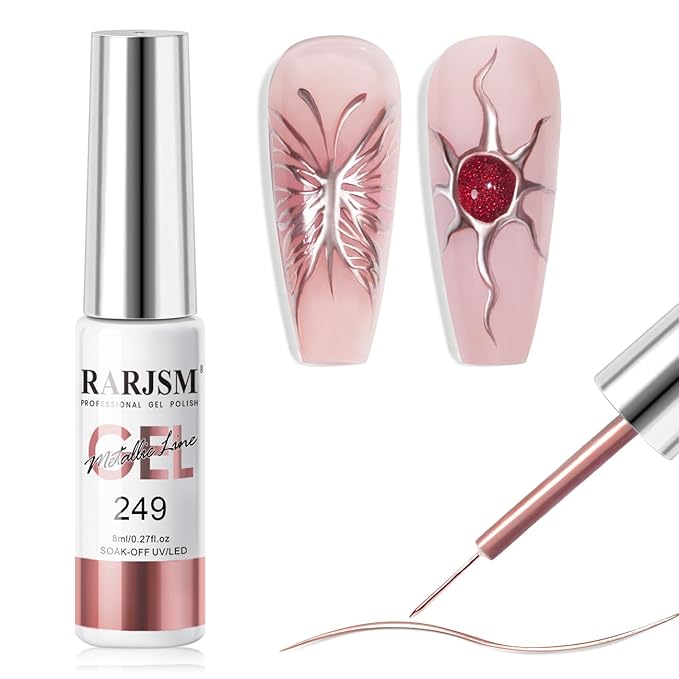 RARJSM Metallic Gel Liner Nail Art Rose Gold 3D Mirror Chrome Effect Gel Nail Polish 8ml Painting Build in Thin Brush Metal Painted Drawing Striper Gelpolish Soak off Curing Requires for Home Salon