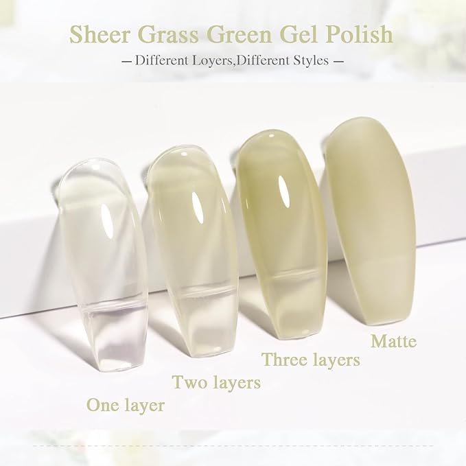 Jelly Grass Green Gel Nail Polish, 15ml Sheer Translucent Soak Off Gel Polish, UV Light Cure for Nail Art DIY
