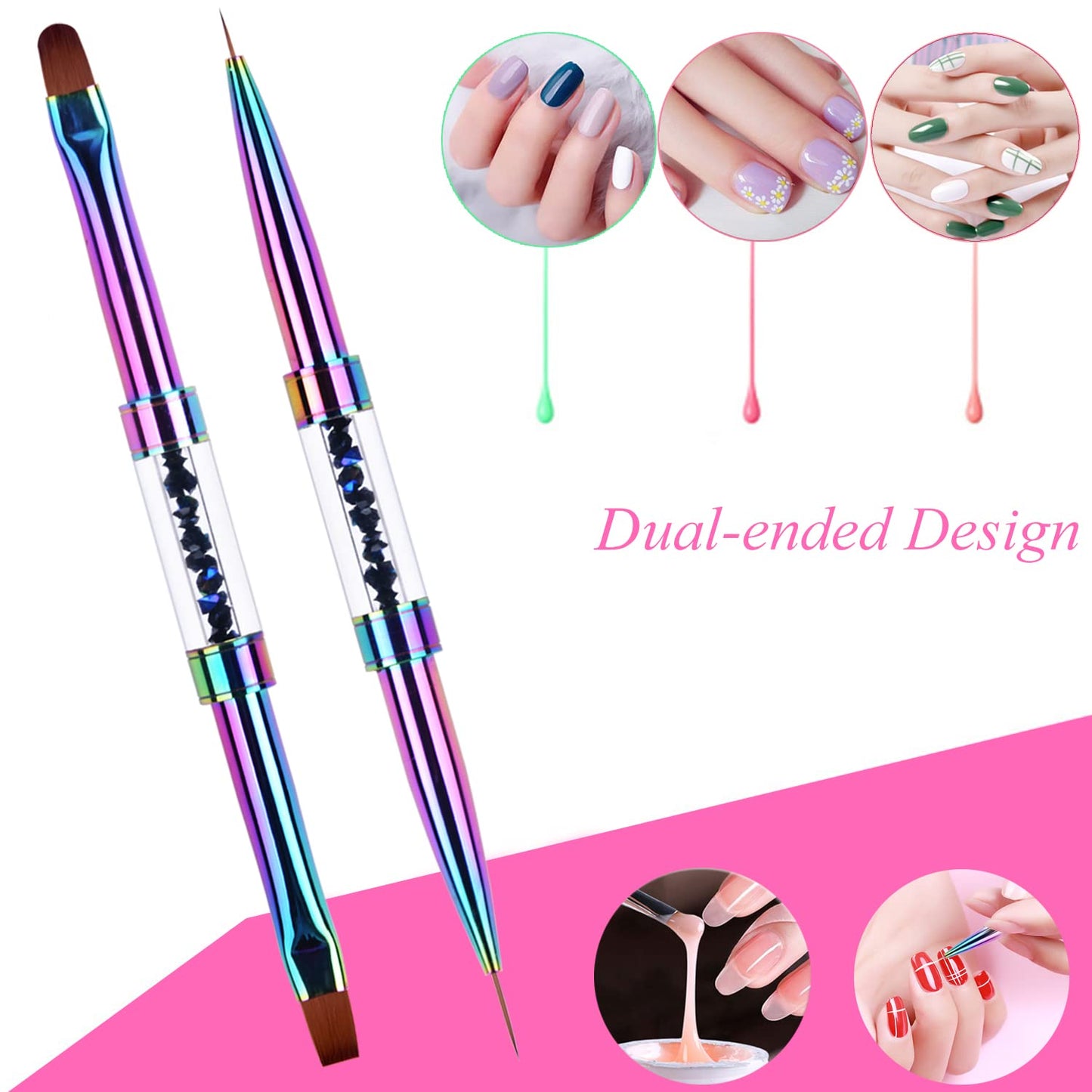 2Pcs Dual-ended Nail Design Brushes Rhinestone Handle UV Gel Nail Brush Set Professional Nail Art Tools Rainbow