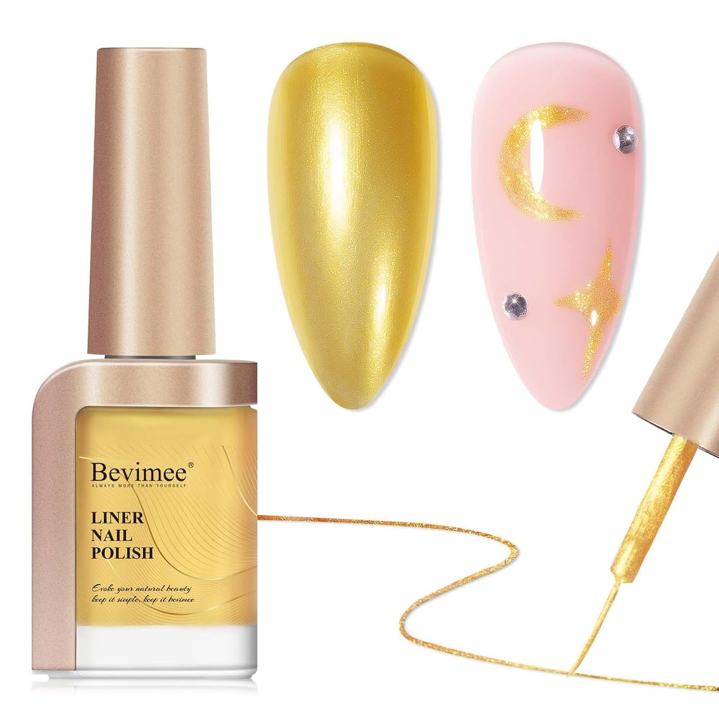 Gold Nail Polish Liner, Air Quick Dry, Chrome Metallic Nail Lacquer Non Gel Liner, Glitter Build-in Thin Brush Nail Art, 12ml
