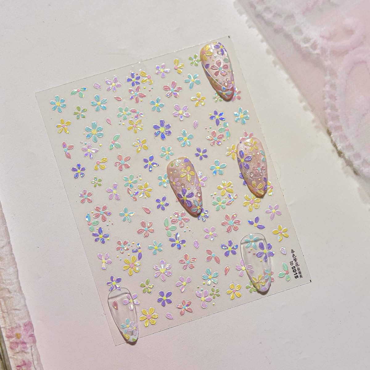 1 Sheet Colorful Flower Nail Stickers, 5D Embossed Self-Adhesive Nail Decals, Summer Glossy Floral Nail Design Stickers for Women DIY Spring Floral Manicure Decoration Supplies