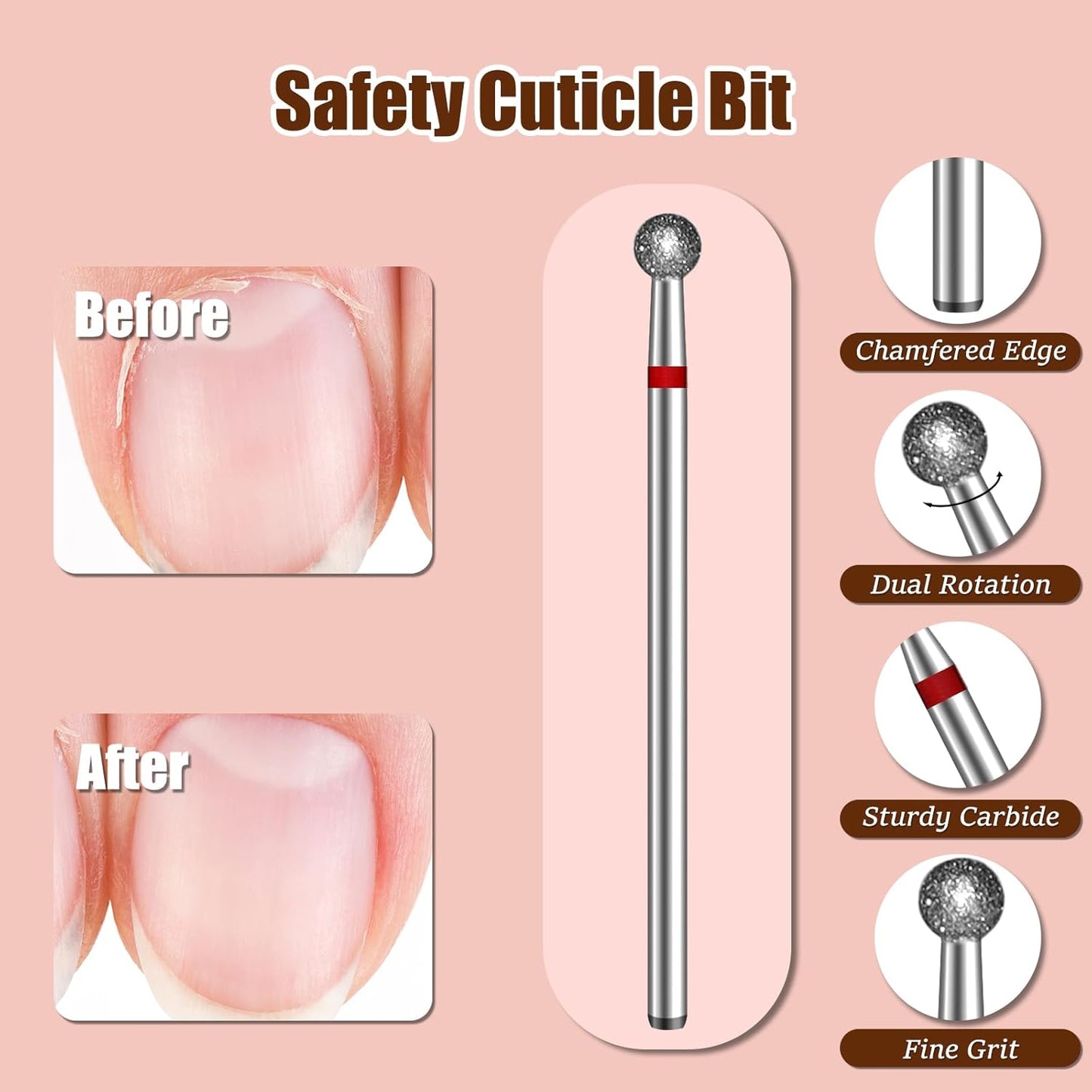 BLESWIN Nail Drill Bit 3/32'', 4MM Ball Shape Nail Bit for Cuticle Dead Skin Nail Prepare, Safety Carbide Diamond Nail Bit, Two Way Rotate, Nail Art Pedicure Manicure Salon & Home, Fine