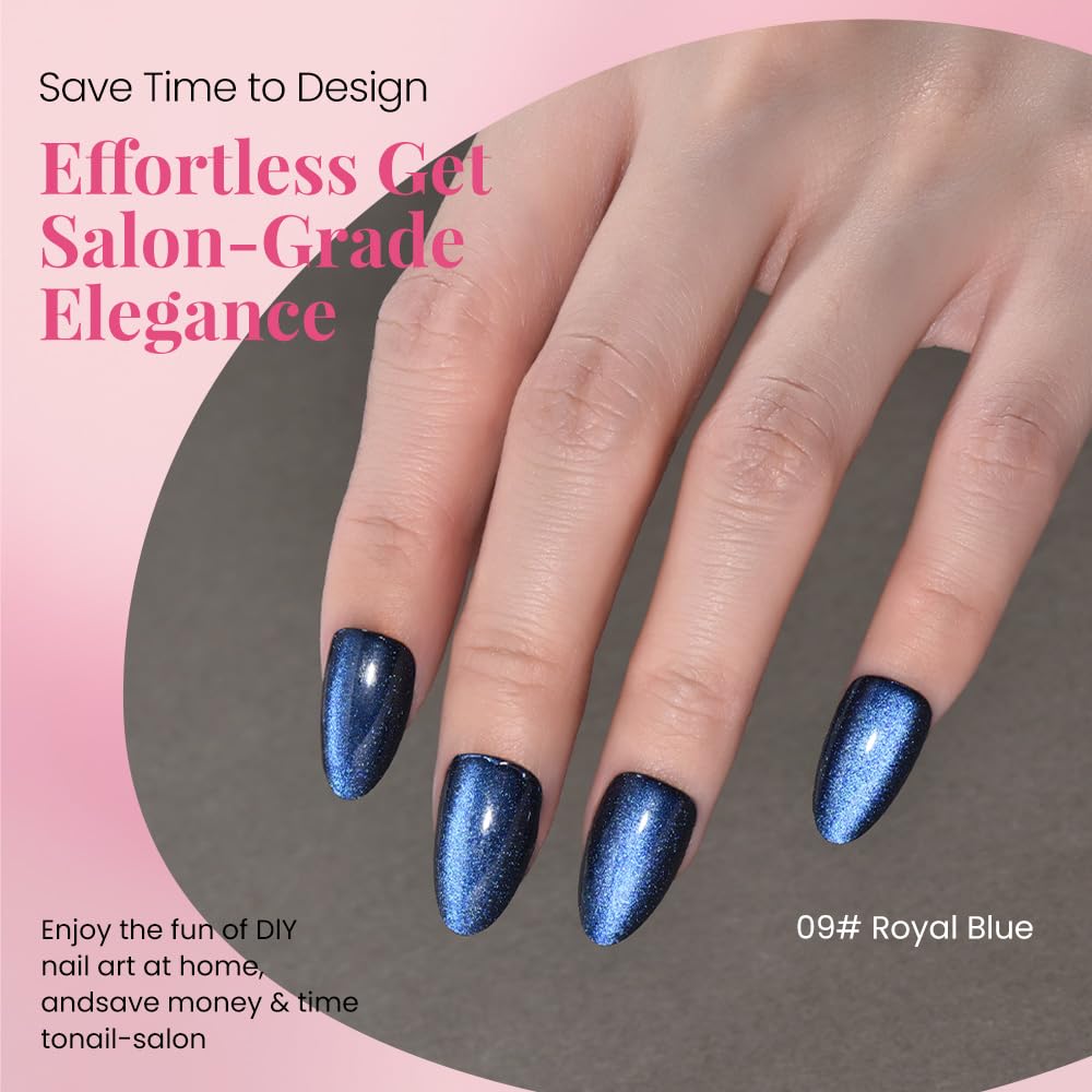 evpct Dark Blue Press on Nails Almond Short, Sapphire Royal Blue Cat Eye Glitter Press on Nails for Women Gift, Soft Gel Press Glue On Nail with Nail Glue, 60Pcs Reusable Acrylic Fake Nails Kit